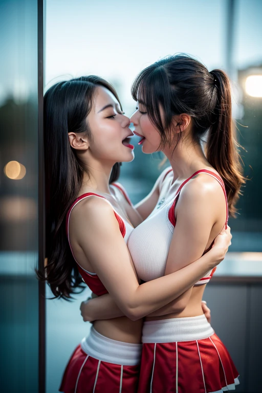 (Masterpiece), 2 Beauties, mature women, Hug each other, kissing, French_kissing, (Lesbian sex),Haruka, Akusanagi, Rubbing your boobs,large full breasts ,Blue Eyes, (Long purple hair),(Short blonde hair), (Attractive figure), delicate facial features, Smile, a faint light, Multiple girls, ((volleyball uniform)), bare belly, crop_top,(Lifting shirts that expose bare skin )breast),shirt lift, (Sweating:1.3), (Bikini Sports Bottoms),Lokrum,(larger_pectorals:1.5