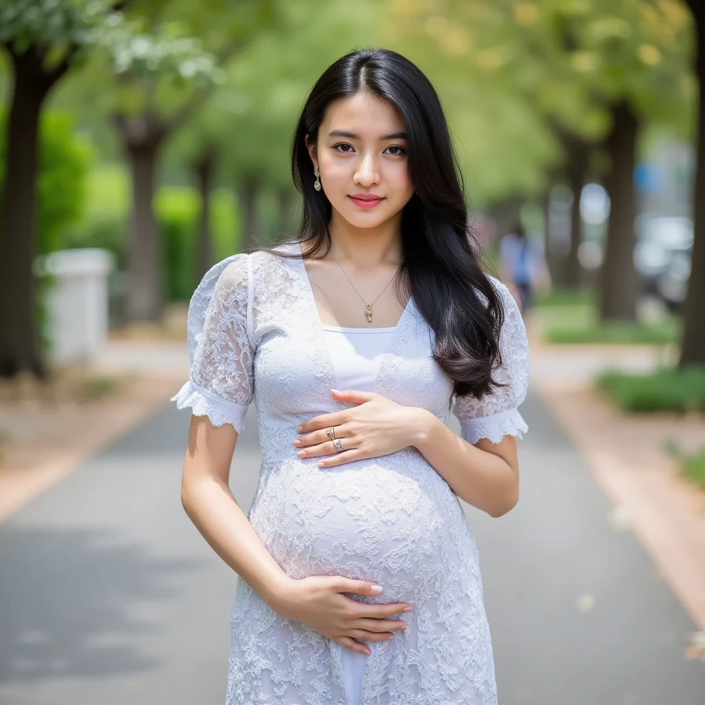 (Highest quality、Tabletop、、Best image quality、Award-winning works)、Pregnant women、Elegant and beautiful maternity clothes、Elegant beautiful hairstyle、(Random blurred beautiful and spectacular natural backgrounds:1.2)、Accurate anatomy、The biggest smile looking at me、Smiling with beautiful teeth、Very bright、Bright and radiant skin