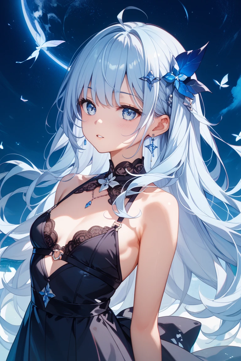 1 person、Gothic、(Dark fantasy)、Headband、Blue Rose、Exquisite details、delicate design、Black and blue outfit、Long sleeve、night、moon、