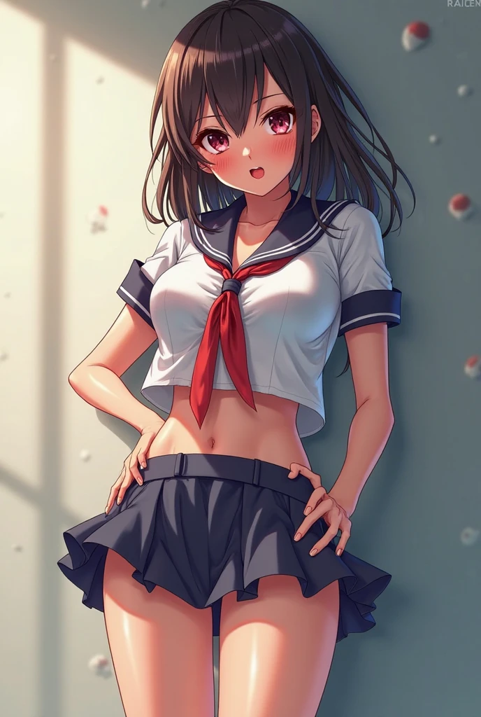masterpiece, nsfw, best quality, teenage girl, school uniforms, crop top, midriff, navel, short skirt, thighhighs