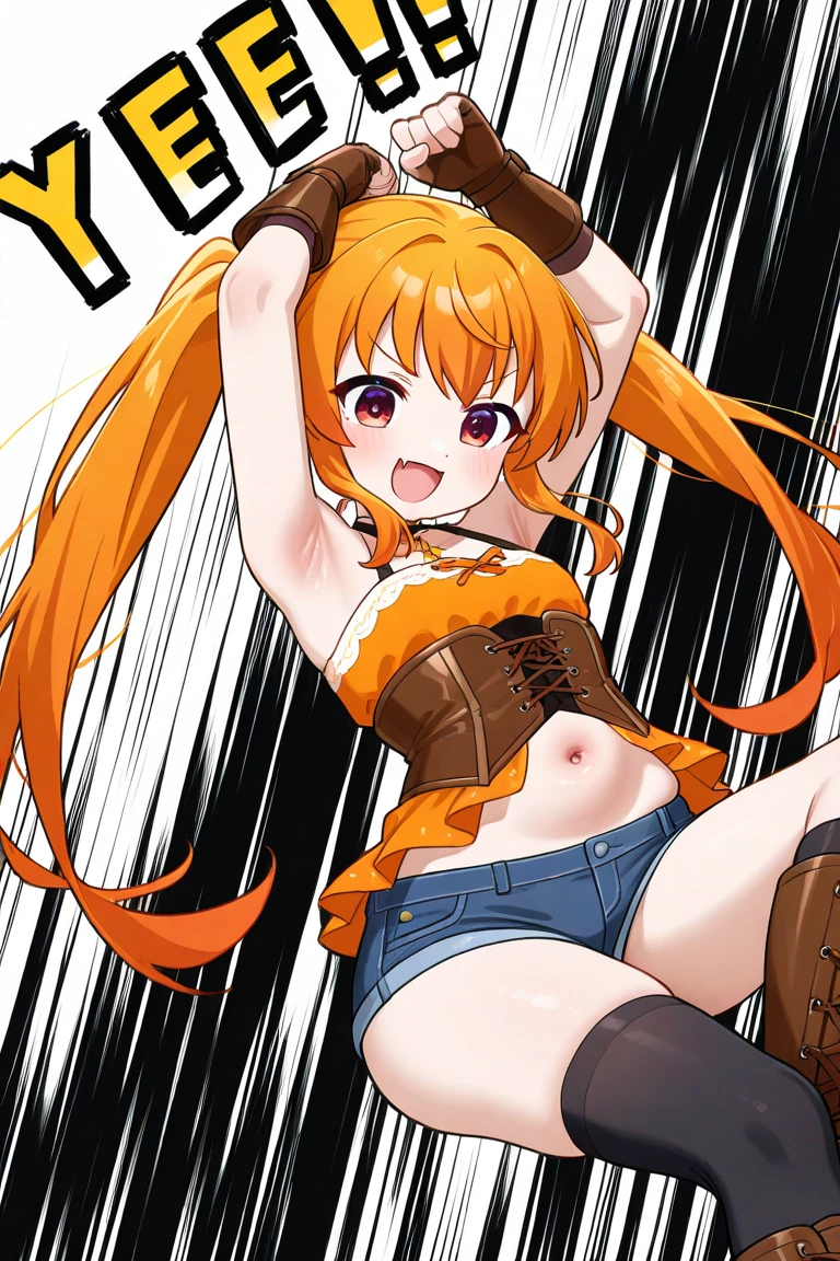 1girl, long hair, yellow eyes, (cowboy_shot:1.2), face focus, long hair, sidelocks, scared,(terrified:1.1) expression, crazy eyes, smirk, smug, grin, atmospheric lighting, wrestling ring, fighting ring, superb, beautiful 8k wallpaper, extremely detailed, intricate, naked, nude, flat chest, small breasts, naked, two toned hair, orange hair, blue hair, pigtails, messy pigtails, messy hair, pussy