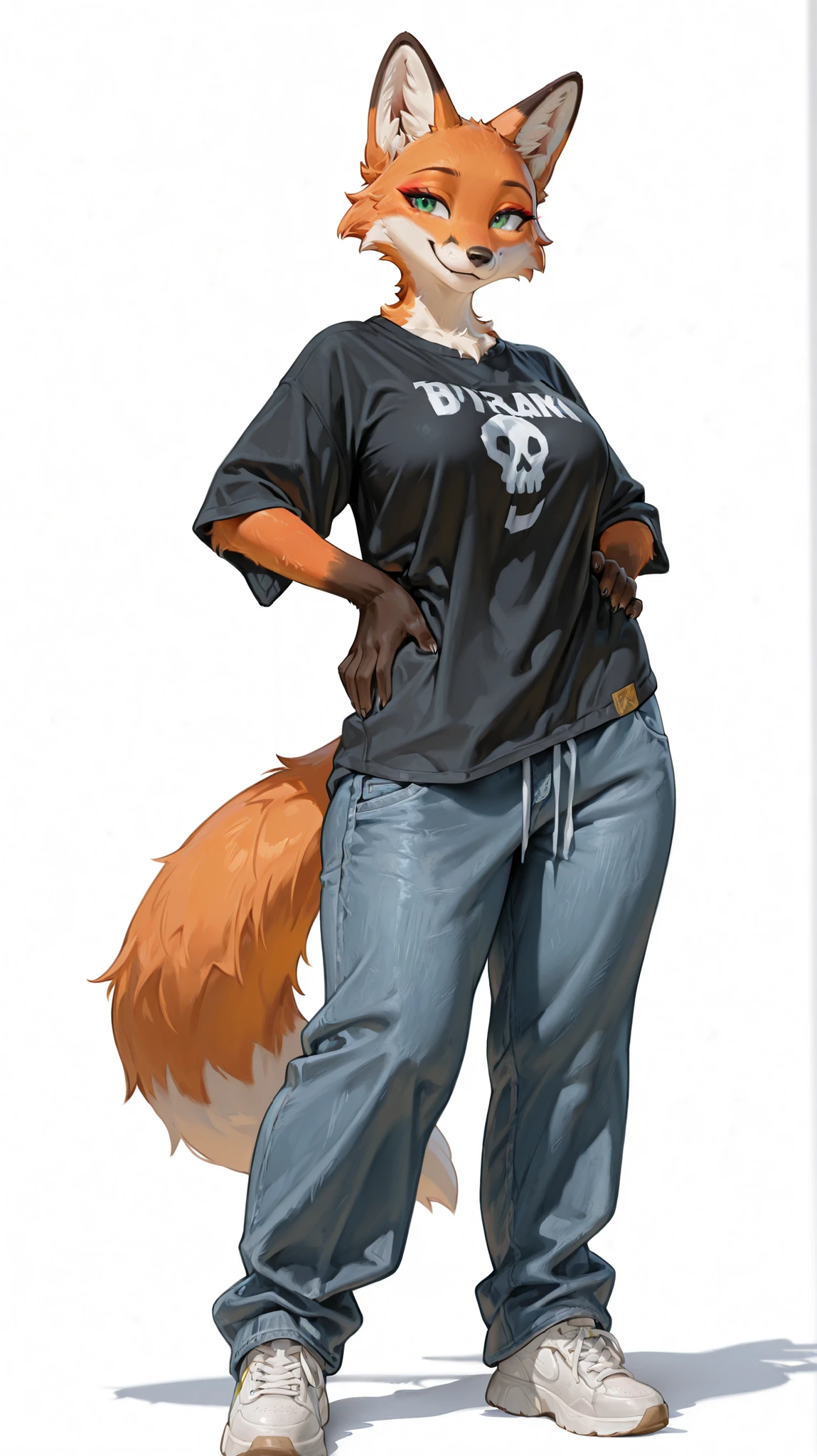 masterpiece, best quality, amazing quality, very aesthetic, high resolution, ultra-detailed, absurdres, newest, female, green eyes, furry, anthro, solo, fox, orange fur, breasts, paws, claws, full body, white background, BREAK, photorealistic details, volumetric lighting, baggy jeans, sneakers, white sneakers, oversized shirt, t-shirt, black shirt, skater, smile, neutral, thick thighs, wide hips, hands om hips
