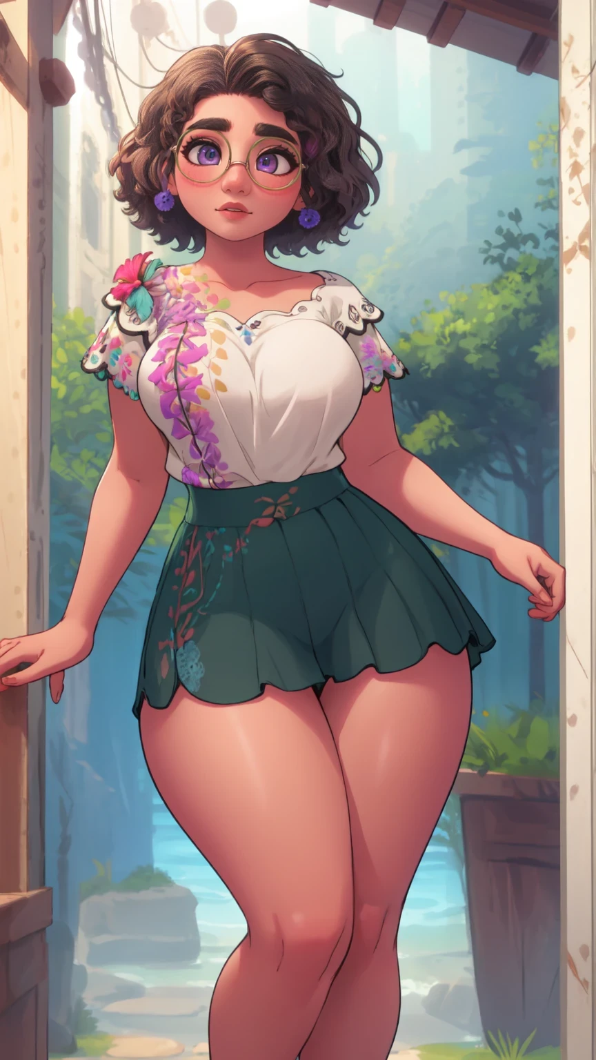 Solo, female, 1girl, ((dog ears)), (dog tail, shocked expression, surprised), looking at viewer, (dark skin, lipstick, lip gloss, updo, hair bun), green eyes, short blue cloak, white linen blouse, ((fantasy village)), open mouth, wide eyes, glasses, thick thighs
