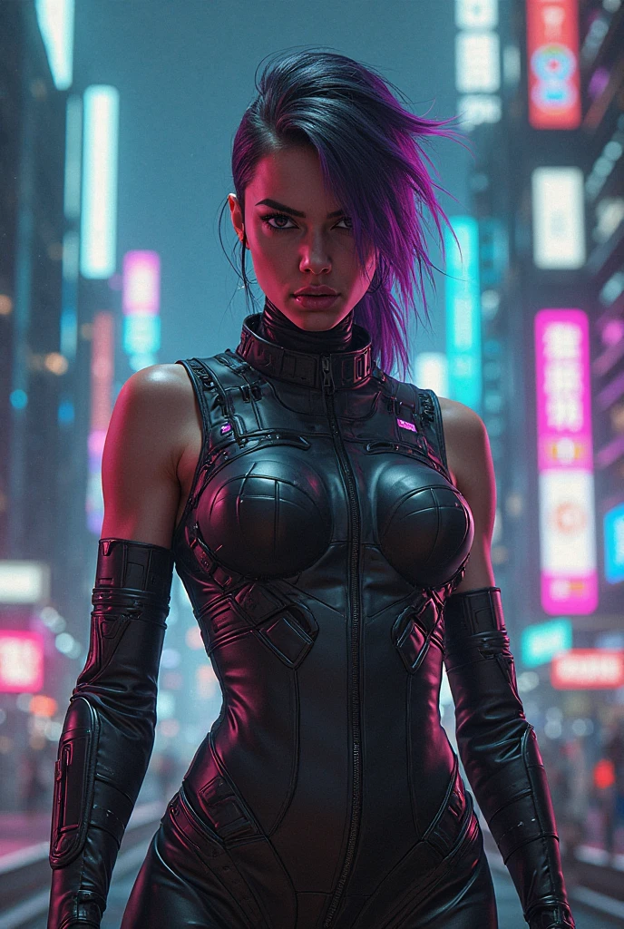 (1 cyberpunk girl in a revealing outfit)), (((looking at the camera))), cowboy shot, messy hair, ((cyberpunk cityscape)), (cyberpunk aesthetics and atmosphere:1.3), (Blade Runner), night, neon lights, lustful look.