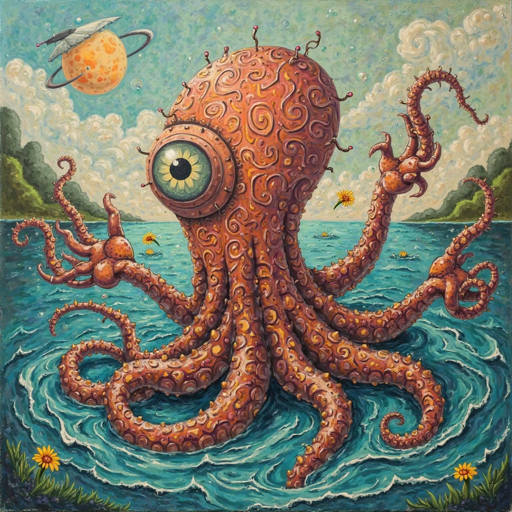 realistic surreal portrait of a person with autism, hyperrealistic oil painting, intricate details, striking visual fusion of various elements, surreal house, stars, spores, tentacles, detailed eyes, expressive face, fluid lines, strange illustration, pointillism, strong contrast, award winning artwork