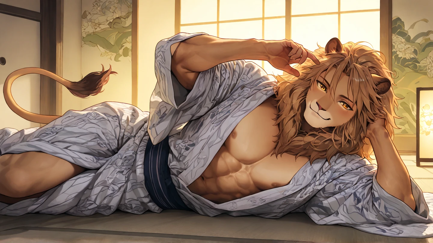  lion ，juvenile，look at us，smiling，Facing us，Bare chest，face，kimono，sitting on bed，alone，wooden house，muscular，bright background ，golden eyes ，daytime
