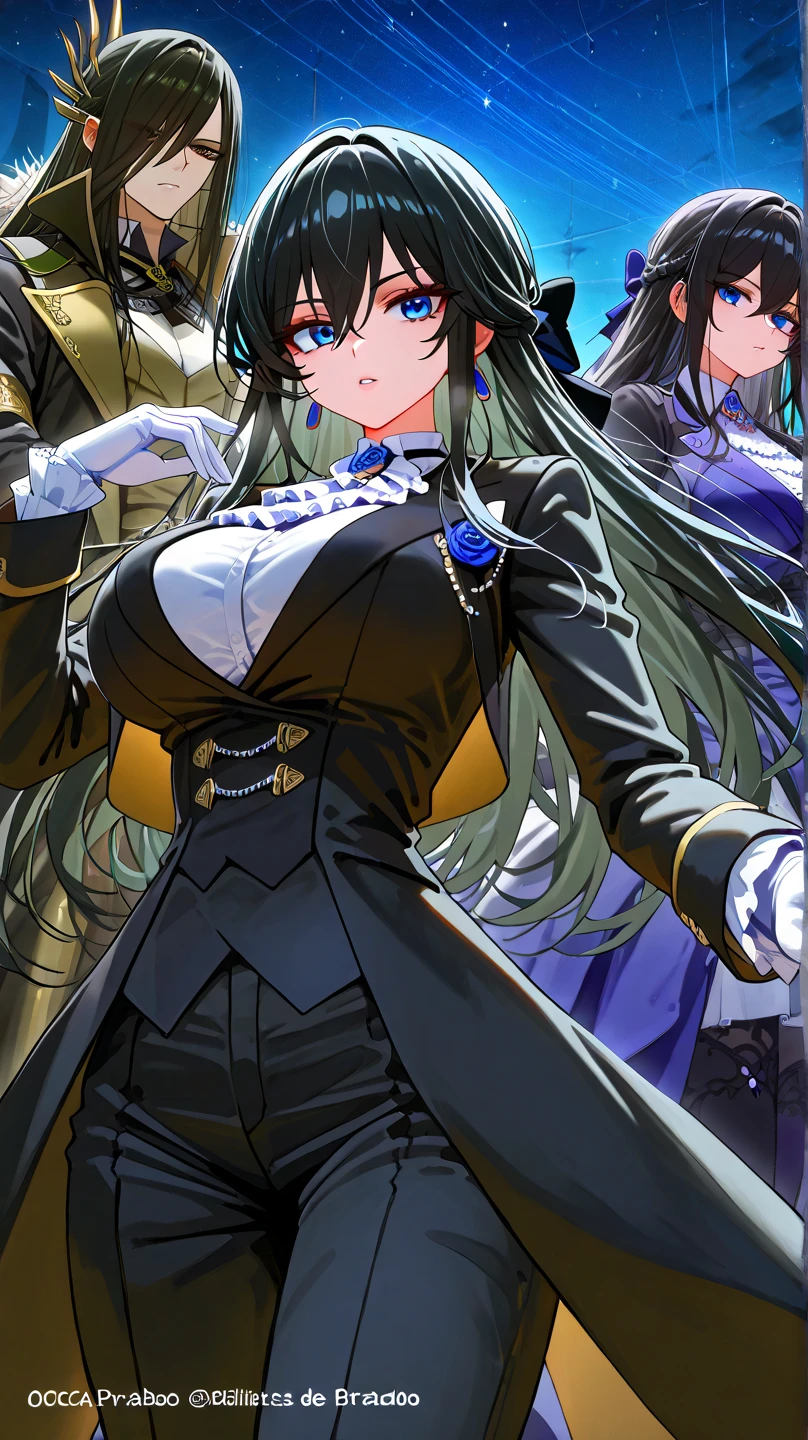 High detailed, 3 girls, matching hairstyles, matching uniforms, matching sizes, violet eyes, purple tones colored hair, wavy long hair, busty, chunky body, yellow genetics's uniform, Juliet sleeves, deep cleavage, white skirt, genetics's uniform, juliet sleeves, genetics's uniform, posing together