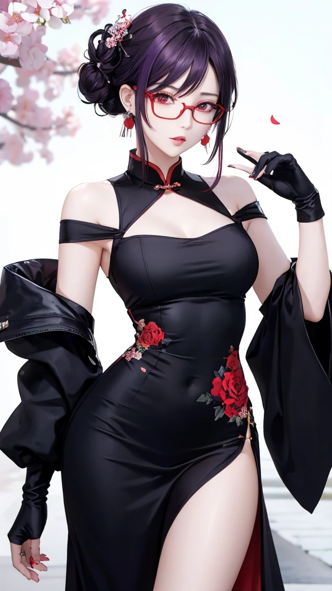 tsuruta ichiro, Narrow-eyed, 1girl in, Allback、deadpan、short-hair、shorth hair、brow、Reluctance、A dark-haired、Tucked Hair Solo, Cowgirl, Onepiece, ((mideum breasts)), Thin slit eyes、Black eyes, Light shines on the eyes、Black hair, gloves, Dress, Luxurious Jewelry, earrings, sharp eye、 elbow groves,Raise your hands and tie your hair back, random color, random color dress, Makeup for long eyes, Slender eyes、lip stick, Complex petal pattern, Rim Light, Back Light, pastel color,Studio Lighting