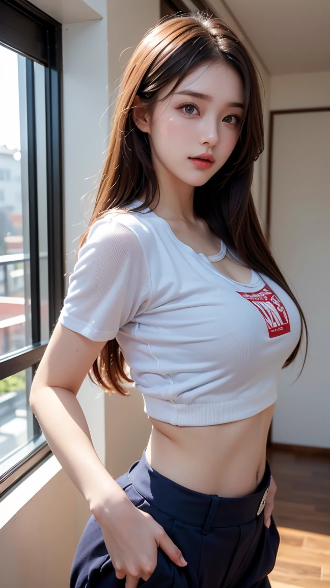 以一个charming女孩为主题,Realistic style,Ultra-realistic,Song Yuqi,Long blond hair,Near-perfect figure,Delicate and plump facial texture,The upper body is wearing a white T-shirt,The lower body is only wearing a semi-transparent,There is a feeling that it seems to be leaking,Middle school students,Sexy pose,Sexy,charming,Dynamic poses,【Song Yuqi】Sexy,Lower body transparent