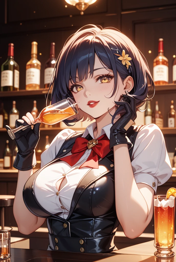 (from above:1.2),(from side:0.9), ((Face)), (Close-Up:0.4), masterpiece,"A 26-year-old girl stands at a bar counter. She is dressed in a stylish off-shoulder dress, sweater dress, off-shoulder sweater, red sweater,garter stocking, midriff, red skirts, black thighhighs, thigh strap, pretty girl, (highly detailed beautiful face and eyes,firm breasts),real skin,((black,hair,long pony tail hair)),thin pubic hair,cute and lovely pose, detailed eyes, This masterpiece is only visually stunning but also tells,(double breasted:0.6,under bust:0.6,cleavage:1.1,),(small breasts:1.2),(perky chest:1.1), (pointed chest:1.3), medium hips, glamorous body,(with sparkling eyes and a contagious smile),open mouth. The bar is beautiful, with colorful bottles of alcohol in the background and a soft glow from neon lights. The atmosphere is relaxed, and the girl looks confident and fashionable.",full body, sexy pose,make a cocktail , in a bar counter, Looking at Viewer,