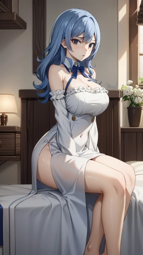 (masutepiece),(Best Quality), Rei Ayanami、Red Eyes,headware,Interface headset,Light blue hair,bow ribbon、skirt by the、white slip dress、Slip Dress、Full Moon Night、Tokyo No. 3 Middle School Uniforms 、Colossal tits,Seductive underwear、Open legs in bed、The chest is visible、 Spread your crotch、Persistent stare, Sharp eyes, sexy langeries、 Girls: 1, Sexy: 1.5, Bob Hair, Brown hair: 1.3, (Wet body: 1.2), nightgown, Beautiful, Colossal tits, cleavage, hyperdetailed face, Detailed lips, Detailed eyes, Double eyelids, Sexy, Smile, Beautiful legs、full body Esbian、sexy langeries