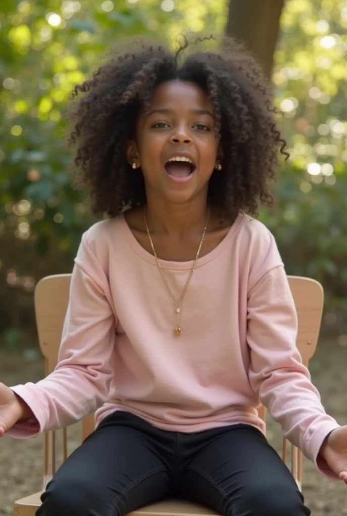 One thirteen years old androgynous girl, black , copper skin, black short curly hair, pixie cut, shaved hair on the sides, colored highlights, blue highlights, green highlights, red highlights, purple highlights, one young girl wearing a baby blue hoodie with pink hearts and off-white pants, cat ear headphones, (cute), freckles, dark green eyes, red and green colorscheme, cute pose, excited pose, dynamic pose, fun pose, smiling, in love, (solo)