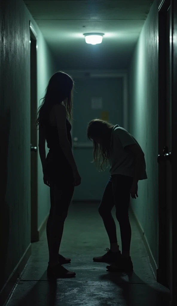 in a dark room, with standard wooden FLOOR, a brunette woman with straight hair, with 1,65m tall, is in the middle of an intense fight on the ground. She wears basic pajamas, now crumpled and dirty, as she desperately defends herself from a mysterious shadow in the shape of a man who tries to dominate her. cel shadow, with hazy contours and a terrifying presence, seems almost intangible, but still palpable enough to pose a deadly threat.
The woman, with an expression of pure despair and determination, gathers his last strength and lands a violent kick in the shadow's stomach, making her retreat momentarily. The impact, despite being against something seemingly ethereal, looks surprised and weakened, as if a woman's willpower could actually affect him. The dry sound of the kick echoes through the room, which is only dimly illuminated by a flickering light, projecting distorted shadows on the walls and intensifying the atmosphere of fear and uncertainty.
As tension reaches its peak, making it clear that it is a battle for survival against something beyond human comprehension.