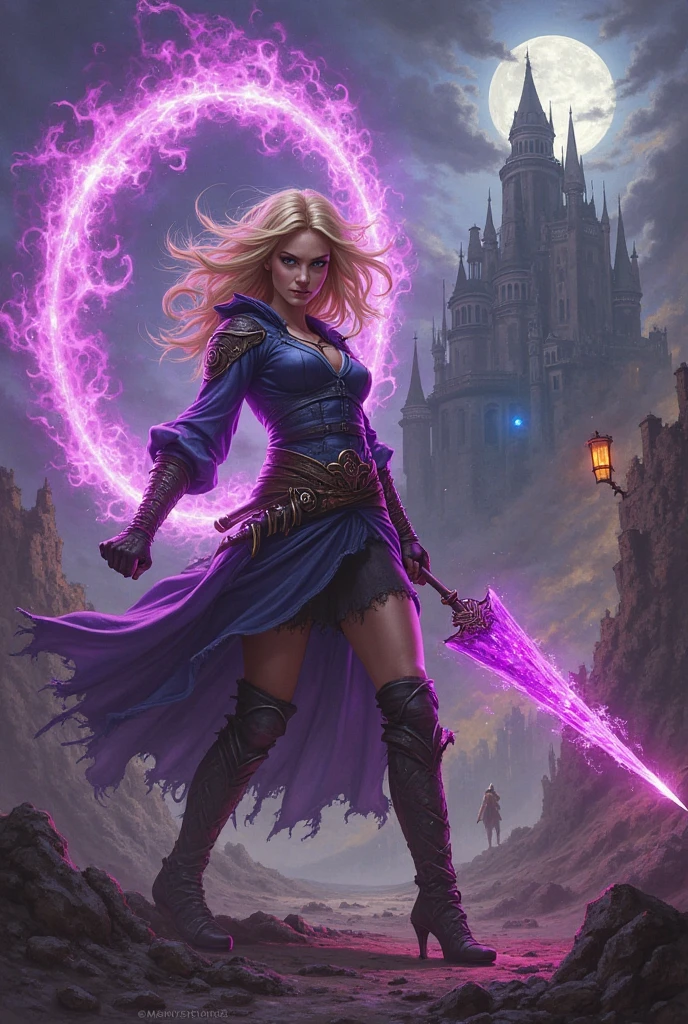 masterpiece, best quality, detailed, 1girl, tight dress, magic circle, casting spells, fantasy, purple power, power, fire, meteor, mage, high-resolution, medieval village, storm, burning, village street, rock, dirt <lora:Concept - Runemagic:1>