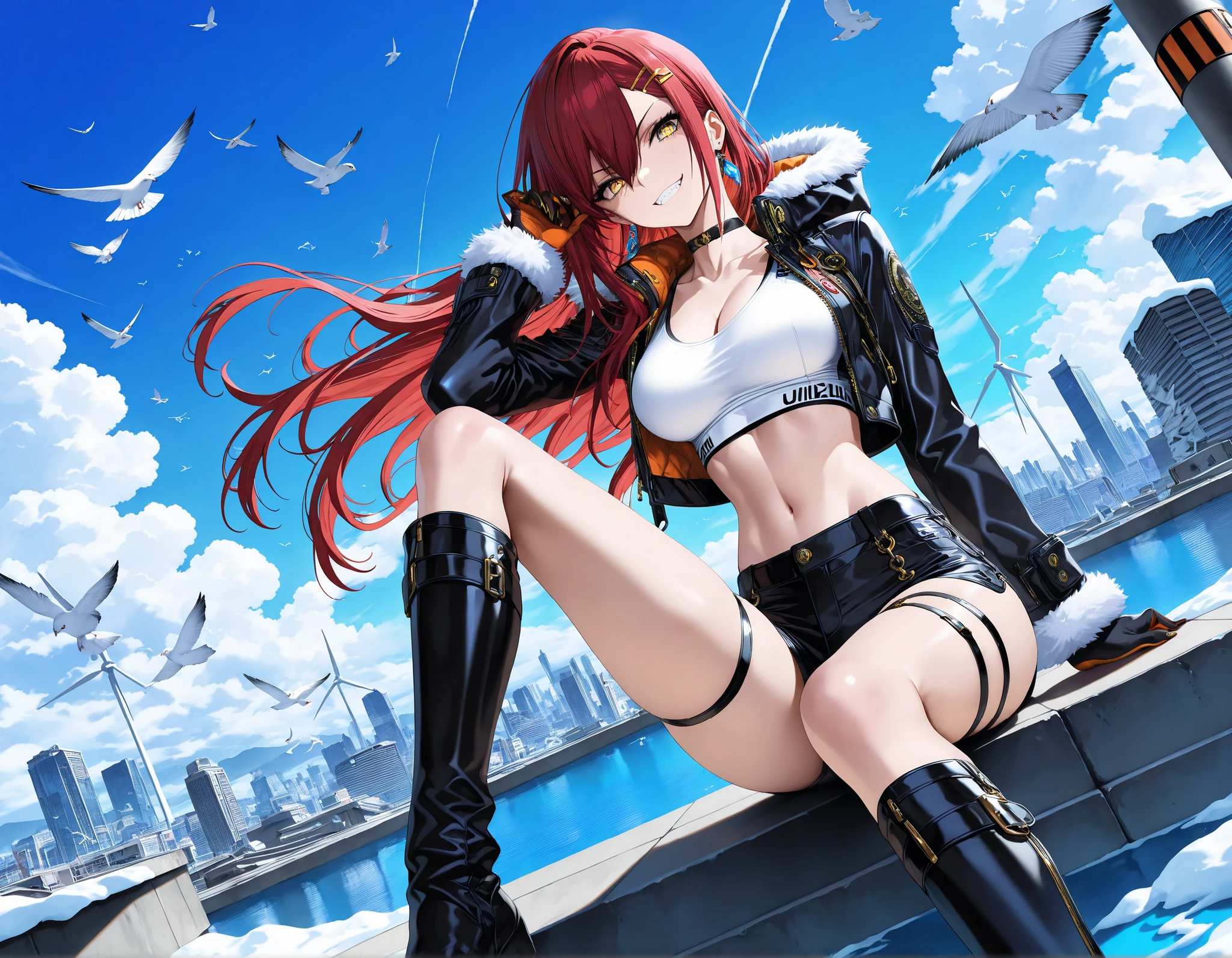 Wallpaper Style, Masterpiece: 1.2, Best Quality: 1.2, Absolute Resolution: 1.2, Best Quality: 1.2, 
Ultra-Detailed Face, Best Quality: 1.2, Ultra-Detailed, ), (perfect body), (perfect anatomy)
 ((fish eye shot, dynamic angle, Sassy pose, rooftop)), 1 woman, golden eyes , very long hair , long sidelocks, red hair , medium breasts , petite , very cute , beautiful ,Straight hair, cool, handsome, hair between eyes, confident ,low twintail, hair ribbon, hairclip, mature woman, Double teeth (Sneer, Grin, smirk), sitting, Stairs, accumulated snow, cleavage, fur collar fur gloves, leg cutouts, fake nails, clock tower, skyscraper, from below, skyline, cityscape, (dusk) , choker, cropped jacket, black jacket, ((white shirt)), midriff, black shorts, thigh strap,  blue earrings, black choker, hooded jacket, open jacket, two-tone gloves, black gloves, orange gloves, black sports bra, black shorts, very short shorts, knee boots,((4k,8k,Ultra HD)), cinematic vividness, ((high quality, )), HDR effect, game design, anime blue sky and clouds, scenery, blue ocean, day, blue theme, many white birds fly, sky, cloud, scenery, outdoors, wind turbine, ground covered with water