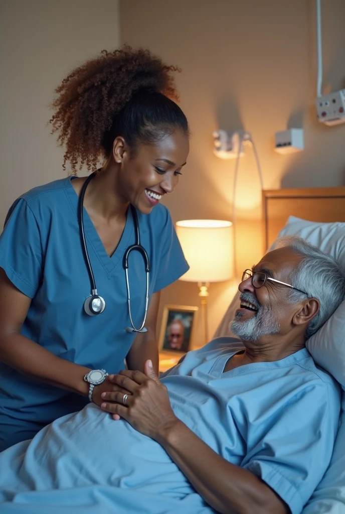 44 years of marriage african  woman hgiving her husband help in the hospital 