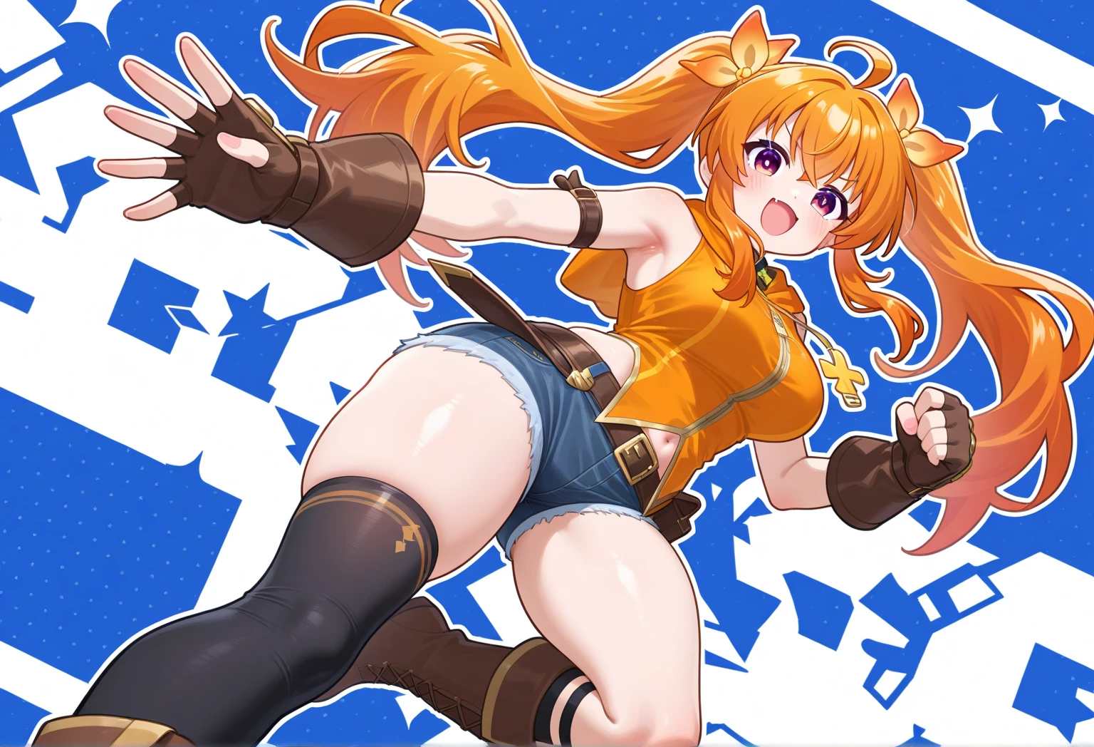 score_9, score_8_up, source_7_up, source_anime, BREAK 1girl <lora:estelle-pdxl-nvwls-v1:1> senEstelle, twintails, single shoulder pad, orange jacket, black shirt, miniskirt, belt, spandex shorts, black thighhighs, ass, thick thighs, from side, looking at viewer, wink, tongue out, closed mouth, hand on own butt