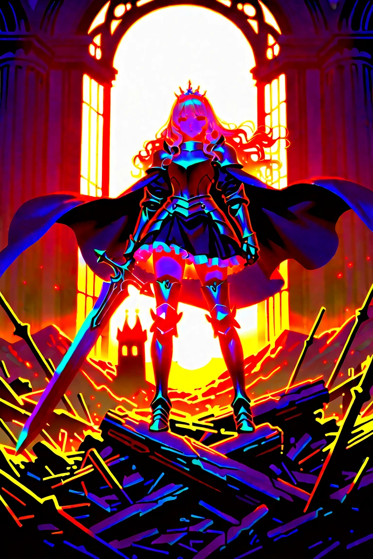 Arafed, action shot, Dark fantasy art, fantasy art, goth art, a picture of a female vampire, exquisite beauty, full body shot, dark glamour shot, pale white skin, blond hair, long hair, wavy hair, (glowing grey: 1.3) eyes, she wears a (red: 1.3) red thigh suit, ArmoredDress, she holds a sword in hand, (ready for battle: 1.4) , the roses are imprinted on the suit (black: 1.4) black roses, high heels, dark castle, dark, black and color, Dark Art Painting Style, flower dress, betmd