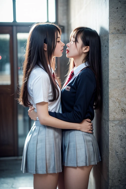 "Capture moments of passion and intimacy: Two teenage girls,school uniform, I love you deeply, Hold me tight, kiss."