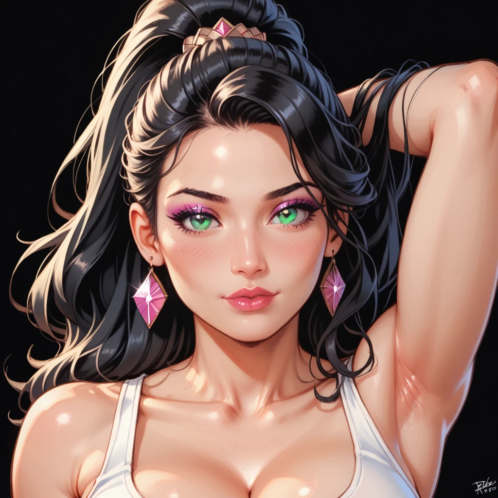 Sexy and cute girl, black hair tied in a braid, seductive gaze, blushing intensely, pink lips parted, long neck, oversized purple t shirt, bare shoulders, medium chest, cleavage, lying on bed