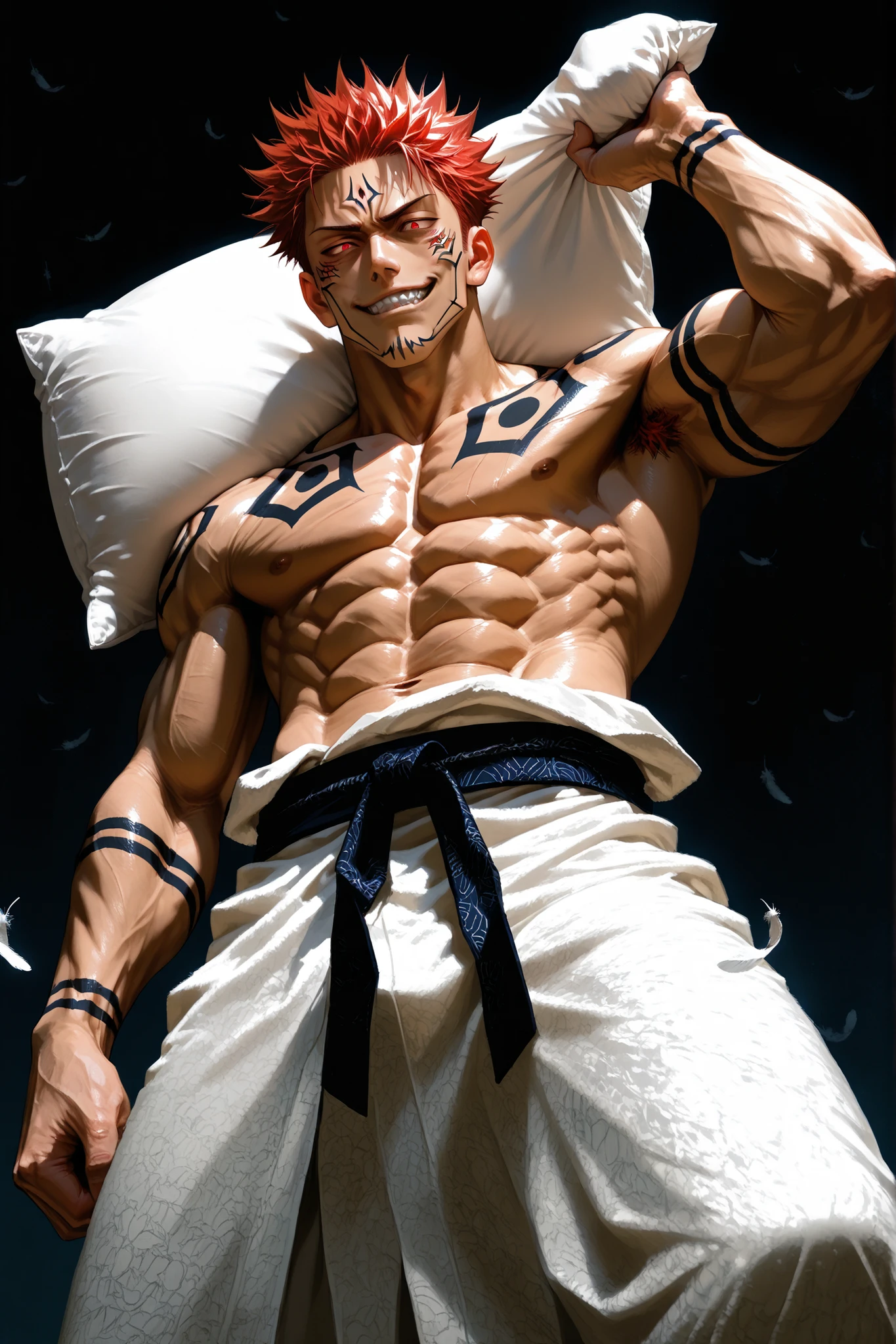 1male, Ryomen Sukuna from Jujutsu Kaisen, standing, holding a pillow in his hand, ready to pillow fight, short spiky red hair, handsome face with sharp glowing red eyes and tattoos, dark tattoos on a muscular body and arms, loosely wearing a white kimono, his bare chest and shoulders and part of his legs revealed, smirking with a fierce expression, dark background, dramatic shadows and cinematic lighting emphasizing his muscles and facial expression, (white feathers floating around him:1.2), realistic textures, low angle, viewed from below, ultra-detailed, masterpiece, best quality, 8k, photo realistic
