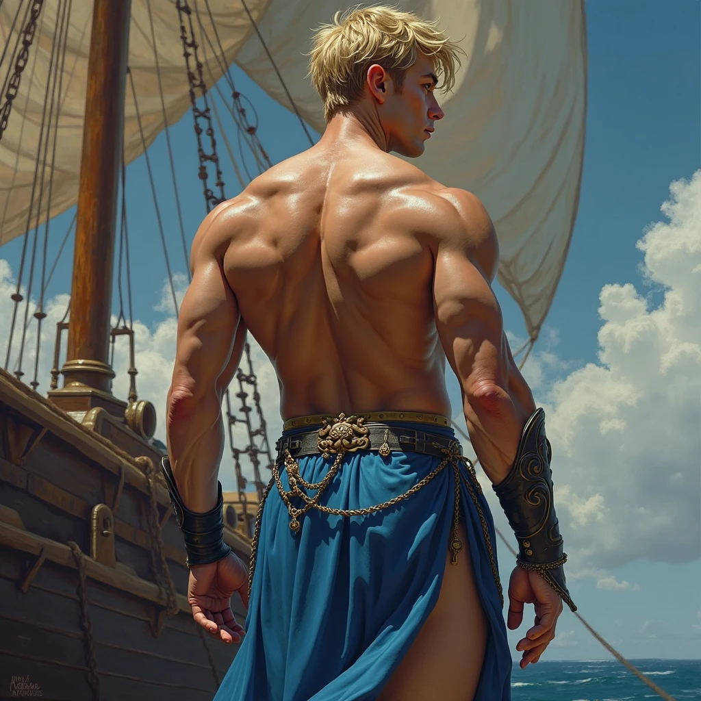 (Masterpiece, best quality), 1 male, mature, age: 1.4, tall muscular man, broad shoulders, delicate eyes and detailed face, extremely detailed CG unified 8k wallpaper, intricate details, fantasy, royal, noble, admiral, short hair, blonde, blue eyes, fleet commander, navy, commander, only white shorts, shirtless, ocean, cloudy sky, waves --auto --s2