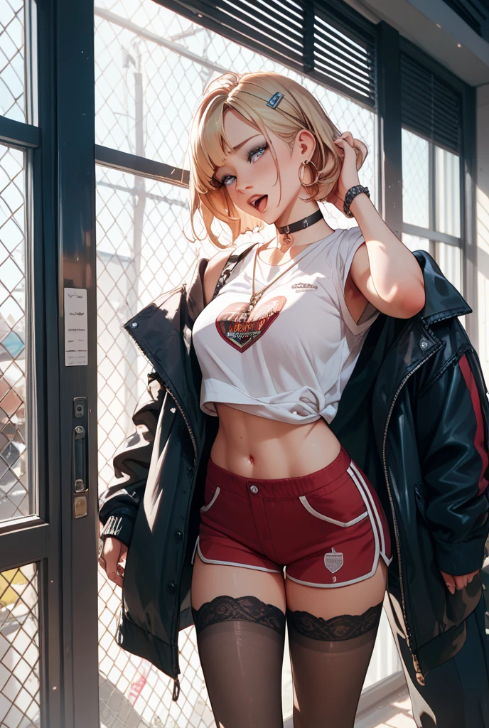 16-year-old girl,whole body,Grin,Short blonde bob hair,Sports Casual,Oversized tops,five quarter spandex,sneaker boots