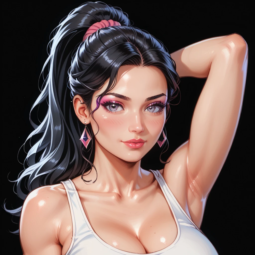 Amazing portrait of a sexy woman with a beautiful face wearing her luscious black hair in a ponytail, seductively gazing and smiling, soft lips, parted, blushing intensely, smiling, black crop top, black cargo pants, black short shirt, medium chest, cleavage, perfect body