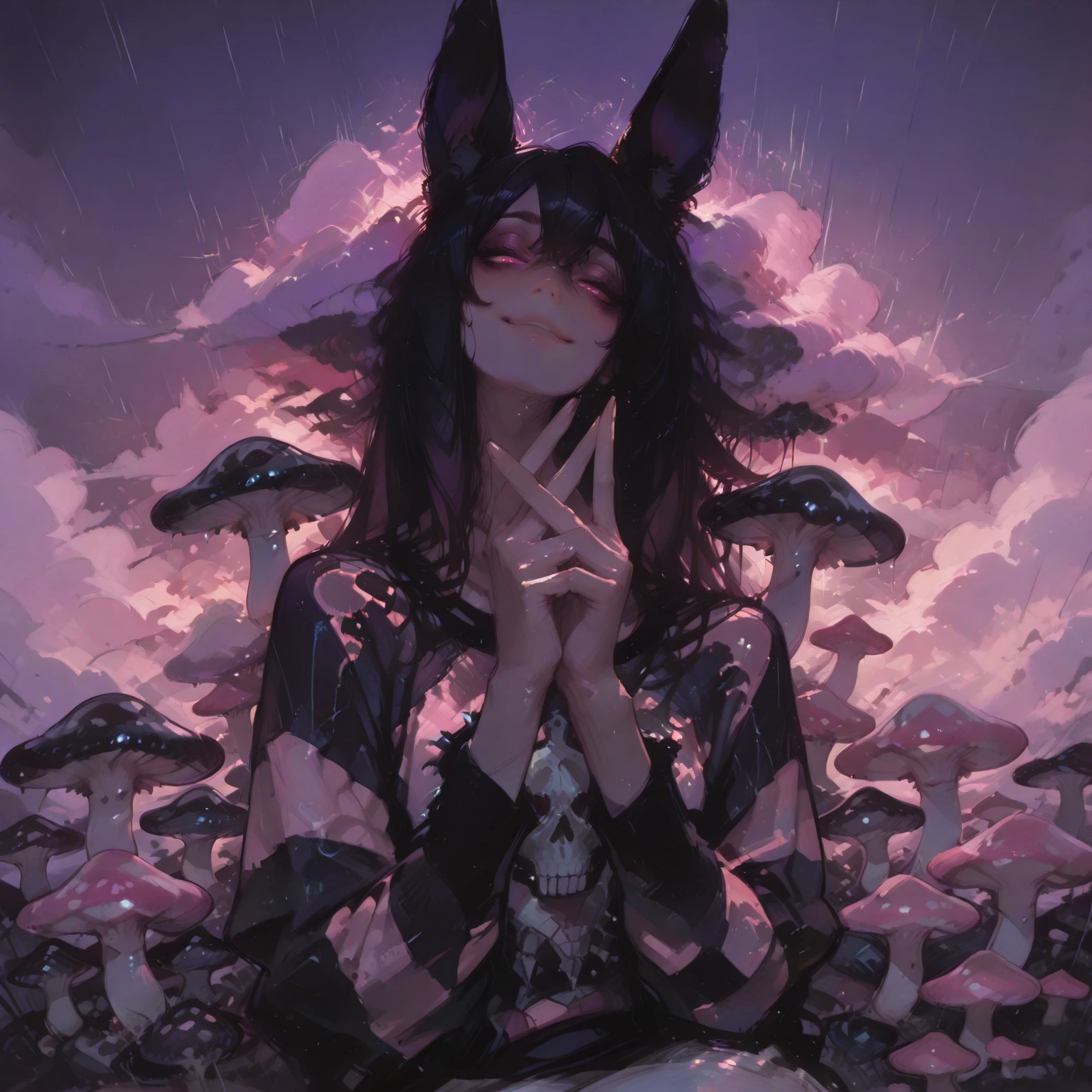 a sexy milf with a blindfold on, has very long purple hair, breasts, showing cleavage, has fox ears, lounging inside bubble bath, only covered by bubbles, surrounded by candles and soft multi colored fuzzy plushies, in bath tub