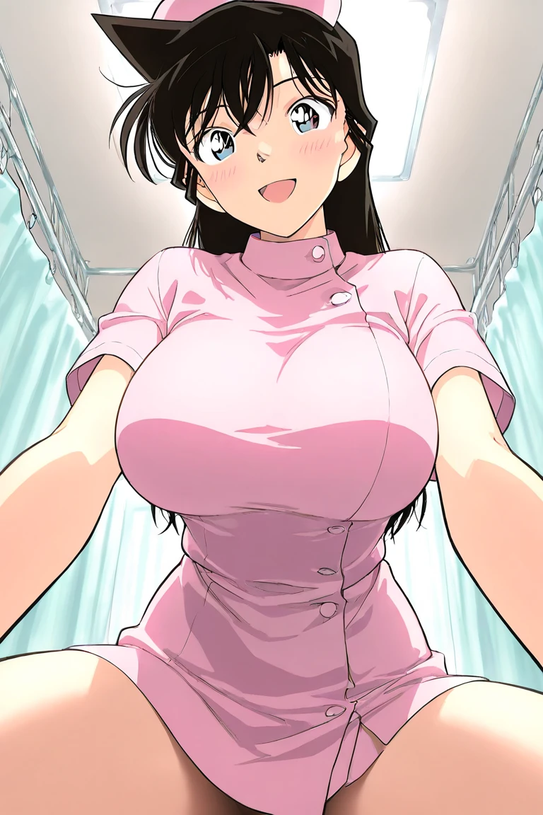 1 girl, nurse, nurse cap, white clothes, ((white knee highs)), blue eyes, smile, Are standing, ((hospital room)), sharp outline, short sleeve, highest quality, masterpiece、exposed、,big breasts、Button flies、(show cleavage)、big breastsを持ち上げる、From the side、slouch,face to breasts