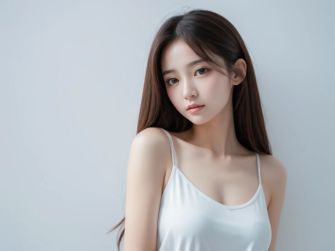 back-view, (flat chest), Skindentation, (12 years old), Fashion trendy beautiful beautiful girl, Gentle attractive Chinese beautiful girl, 10 years old, Delicate and sexy collarbone, charming oval face, Double eyelids, Smart peach blossom eyes, Pink lips, small nose, Bare shoulders, Focus on Face, Close-up Face, Ultra high definition, Ultra Definition, Full body photo, Ultra-thin light transmission, Sweet and playful upper body, See-through