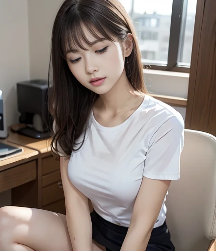 Realistic pretty Korean teenage girl, dark hair tied, erotic, sleeveless chemise white sheer deep slit, pokies, flat chest, small breast, thigh, groin, bare feet, sweat, moist, kneeling in office, legs spread, waiting for punishment by boss