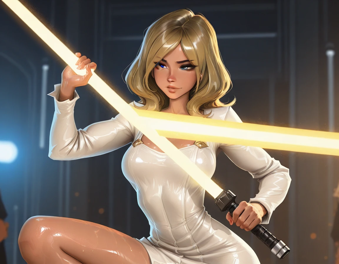 A lovely woman, confident businesswoman, laser sword, ramen advertisement, obliterate hunger, photorealistic, 8k, detailed portrait, striking pose, dynamic action, vibrant colors, neon lighting, futuristic, cyberpunk, hyper-realistic, cinematic, dramatic, mesmerizing