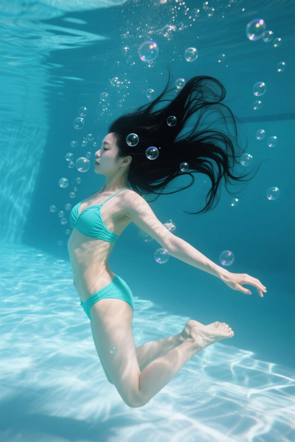 Very cute 15 years old,full body,long hair,(Blue-purple hair 1.4),Height: 178cm,(Micro Bikini:1.4),School swimming pool,(Underwater Photography),smile