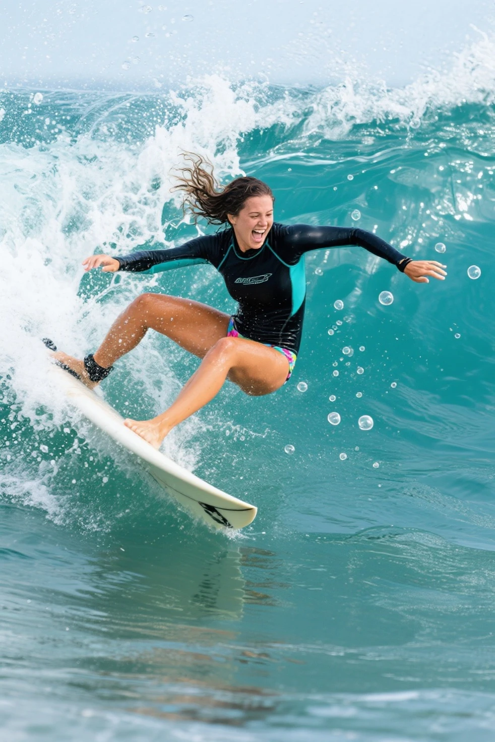 photo of a 25 year old girl,happy,surfing,standing on surfboard,bare hands,huge waves,shirt,pants,ray tracing,detail shadow,shot on Fujifilm X-T4,85mm f1.2,sharp focus,depth of field,blurry background,bokeh,lens flare,motion blur,<lora:add_detail:1>,