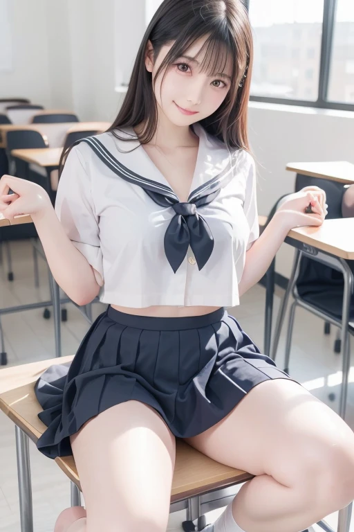 ((Top Quality, 8k, Masterpiece: 1.3)), 1 girl, Beauty with slender abs: 1.3, (Long hair, big: 1.2), Sailor Suit: 1.1, Ultra detailed face, Detailed eyes, Double eyelids, Uniform, Black pleated skirt, Full body, Girl sitting on chair in classroom, Thin legs, Navel