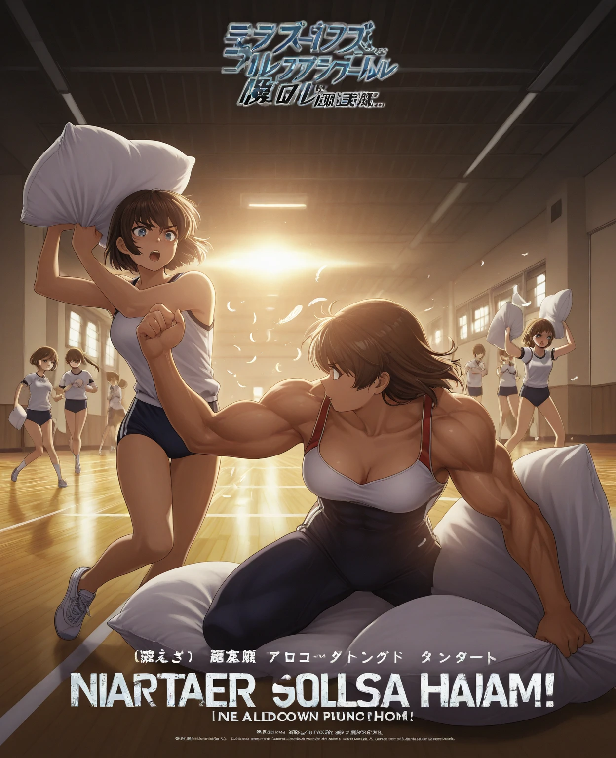 A fit dark haired Caucasian woman on the left, in green and pink striped bra and panties, A buff Norwegian blonde woman on the right, in white bra and white high cut panties, in a gym, referee in the distance, anime art style, intricate details