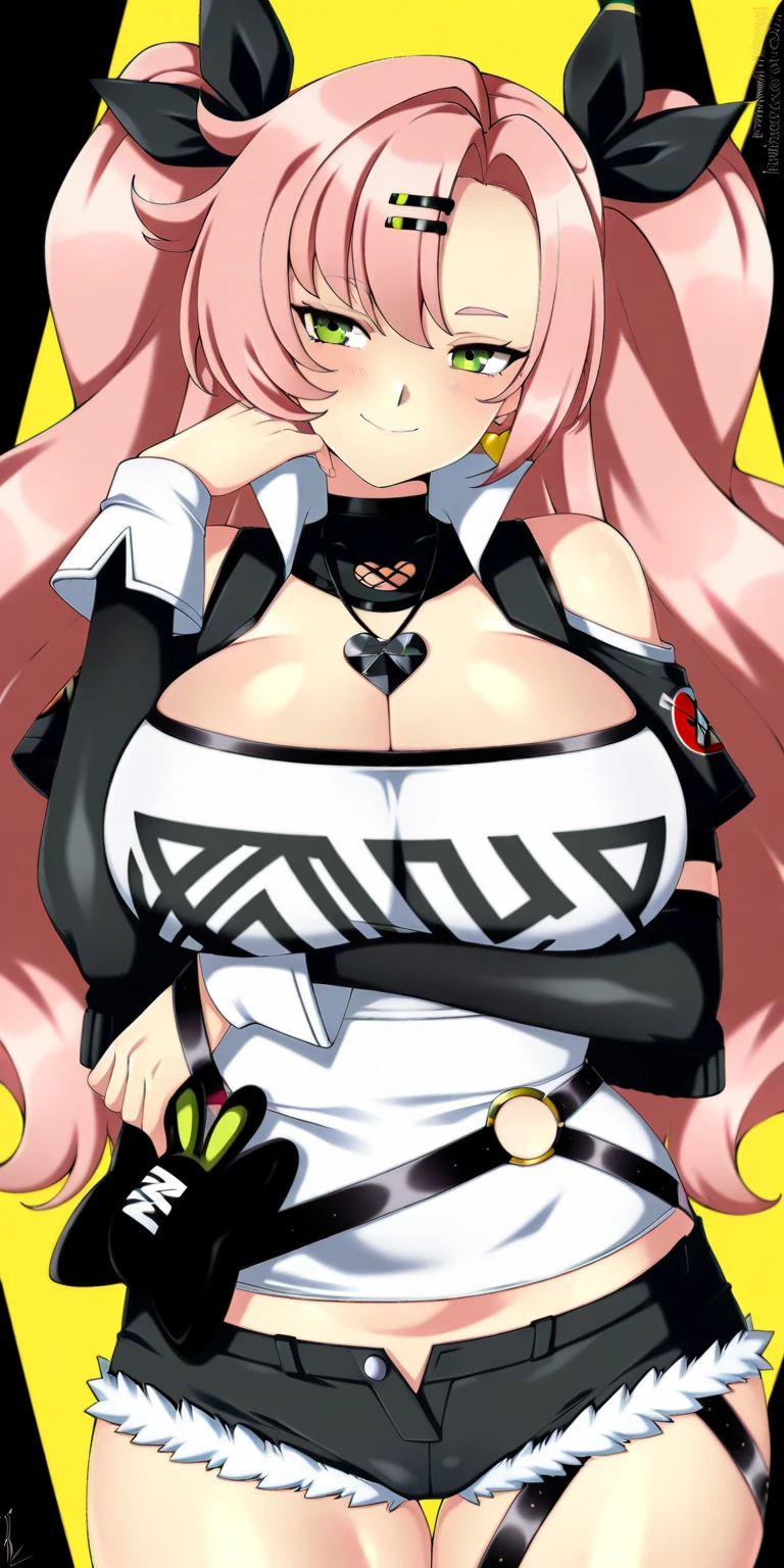 High detailed, 1 girl, solo, red hair with yellow tones, tanned skin, green eyes, busty, firm chunky body, mini beret, white shirt, , deep cleavage, Juliet sleeves, pencil skirt, black thighhighs, BLUE gloves, tall, serious