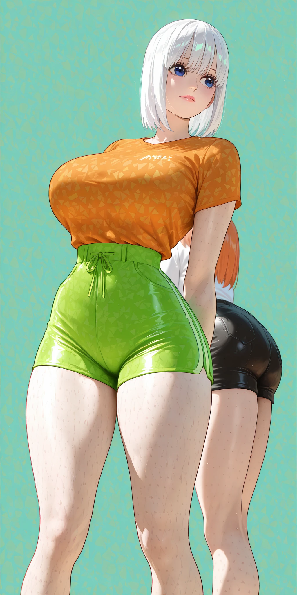 An ultra-detailed 8k masterpiece of better quality and high saturation. The image features an illustration of clothing with a dazzling thick European girl green hair and very large breasts wearing a tight leggings outfit including tight open shirt, F cup, white sneakers and a blue background. full boy portrait.
