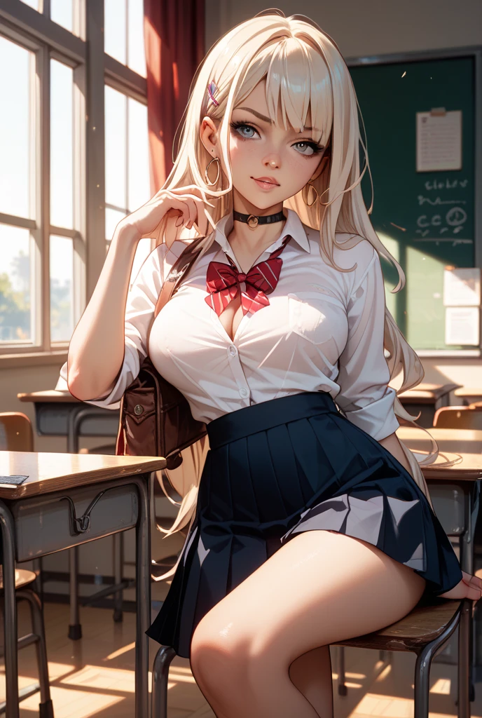 Billie Eilish, masterpiece quality, (masterpiece quality:1.3), high res, realistic, lots of detail, alone, 1girl, (1girl:1.9), solo, in a college classroom, in a classroom, college students in background, chalkboard in background, long hair, platinum hair, (platinum hair:1.5), wearing college uniform, wearing choker collar, wearing black lace bra, wearing red plaid skirt, (miniskirt:1.5), bare legs, (bare legs:1.5), thin body, small breasts, (small breasts:1.5), lots of cleavage, worried, (worried face:1.5),