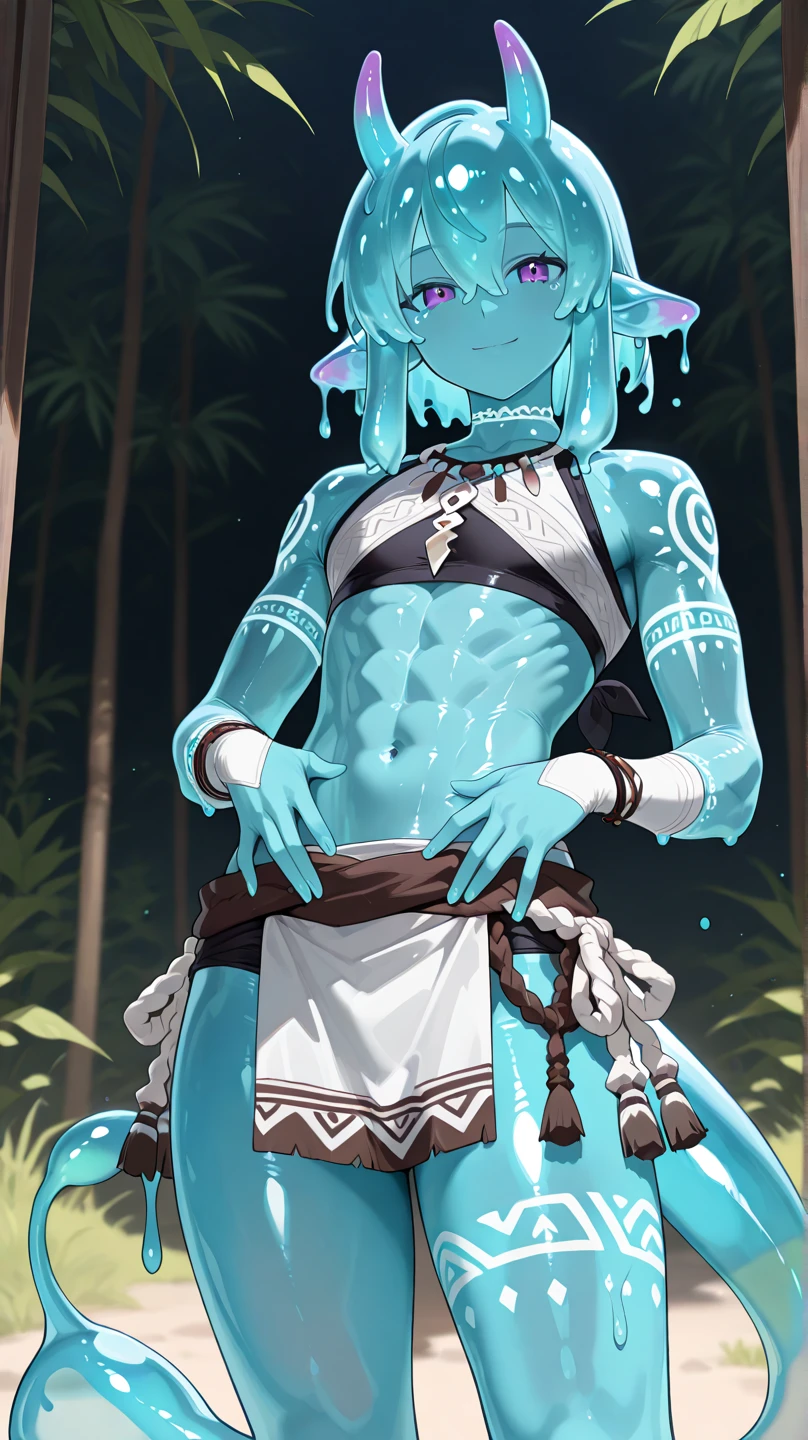 Man
- **Hair**: Light green, tied in a topknot with a small, round ornament securing it.
- **Facial Features**: The character has a broad smile with a large, toothy grin showing sharp, triangular teeth. One eye is closed while the other is hidden by hair. The eyebrows are visible, with one raised in an angry expression (shown by a red symbol above it).
- **Nose**: A bandage or some sort of plaster is attached to the character's nose.
- **Body**: The character is shirtless, revealing a muscular upper body. The shoulders are adorned with hexagonal, scale-like patterns that have a greenish tint, suggesting a possible reptilian or aquatic theme.full body
- **Accessories**: A cloth wraps around the character's waist, resembling a towel or traditional garment.