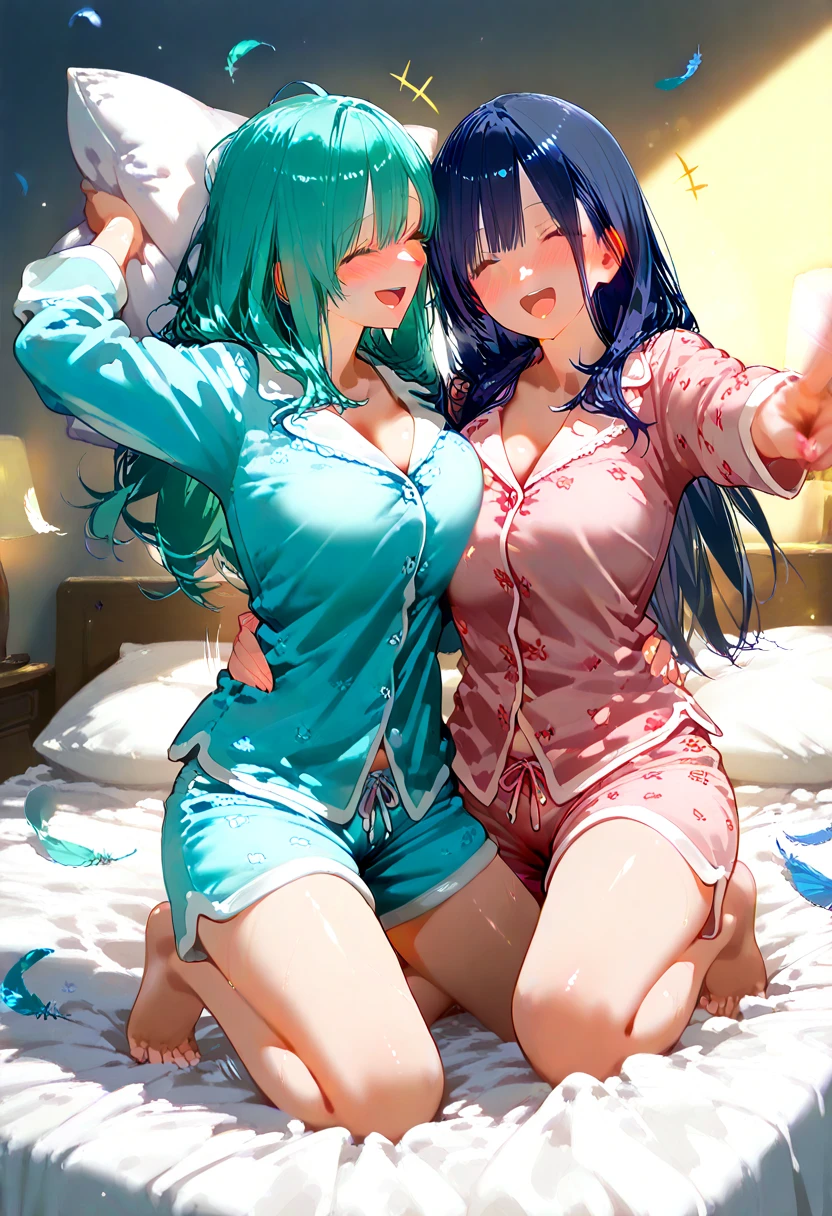 ((random pose)).A glamorous love hotel,On a decorated bed,A Japanese woman in white underwear holding her body, Japanese woman with bob cut lying down, Two Japanese women in their 20s hugging each other, evil smile, Japanese woman looking away, random pose,2 Japan women,Genuine young gravure idol, Young and beautiful gravure idol, Chiho, 8K)), 若いsensualグラビアアイドル, Wet, shiny skin!!, Shiny silver, Mole under left eye,Cute freckles on the cheeks,((beautiful skin)),((skin texture)),((Real Touch)), healthy,ruddy skin, beautiful clavicle, Tie your hair with a rubber band,ponytail, ((Embellished Detail Bra,sensual)),Danmei,Melting eyes.Mean smile,protruding buttocks,