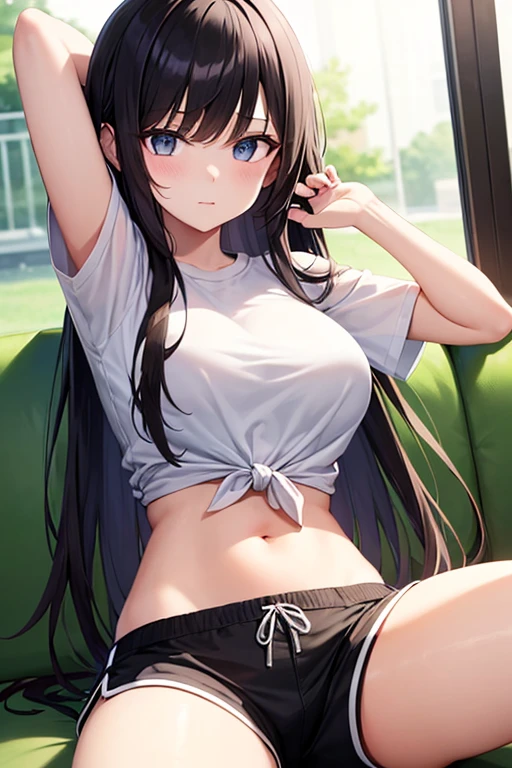 ​masterpiece、top-quality、ultra-definition、illustratio、warm illumination、bright colour、Female one、独奏、long、Super long hair、Chifuyu、Brown hair、blue eyess、poneyTail、hair adornments、Hair Flower、student clothes、Sit up、Stretch out your upper luggage、tshirts、Casual clothing、爆乳、Navel visible、frombelow