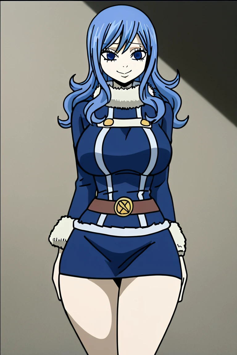 (solo), Ulti from one piece, blue hair, red eyes, pink mask, horns, Ulti takes to wearing a long-sleeved minidress that is white and pleated above the waist, with a blue bow below a point collar. The dress's lower, light-blue, and non-pleated section, with a button placket in the middle, ends in a short skirt part that has a slightly ruffled hem, leaving most of Ulti's legs visible. Fastened on her shoulders is a darker-blue cape trimmed with light-blue fur on its edges (the inside also blue), which goes near the ground, and her footwear are red high heels. (hands on hips:1.2), (night time), (feudal japanese castle), indoors, wood, (masterpiece, best quality, highly detailed)