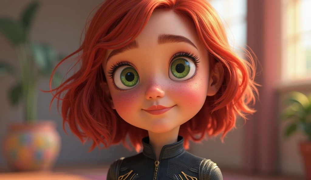 Create a My Hero Academia style anime screenshot of a girl with curly red hair with blonde highlights and turquoise eyes, an expression of seriousness