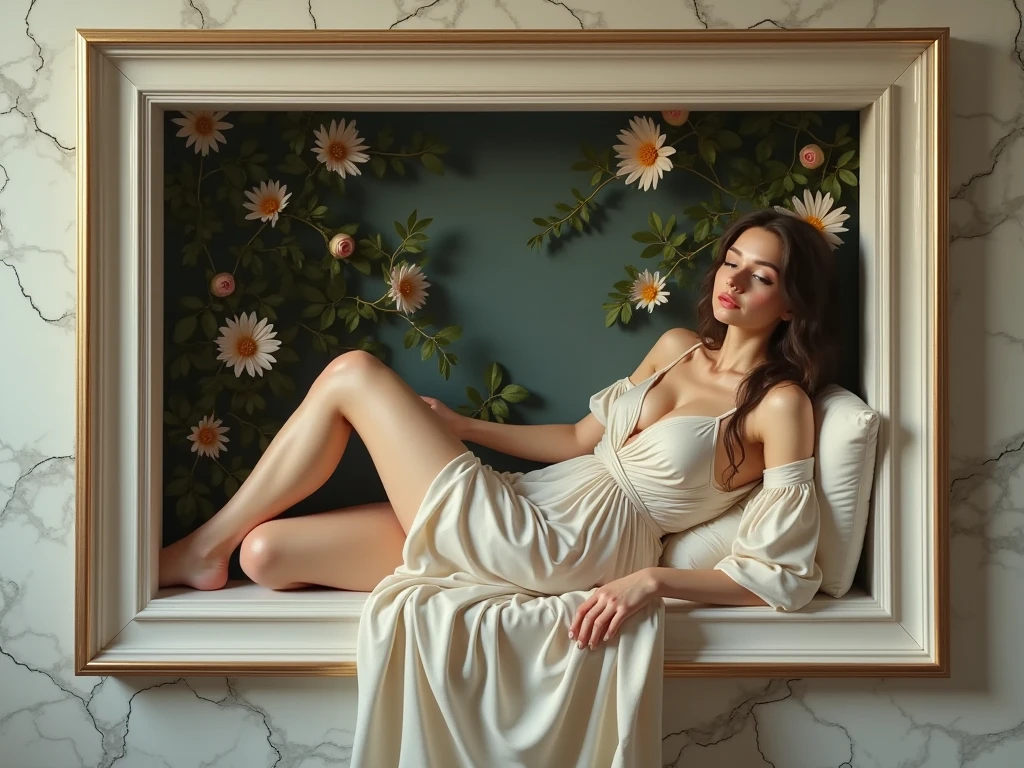  Nature morte un petit jasmin rougeatre avec de pomme de pin dans un chambre avec un éclairage doux et feutré et une très belle femme nue allongée sur un canapé 