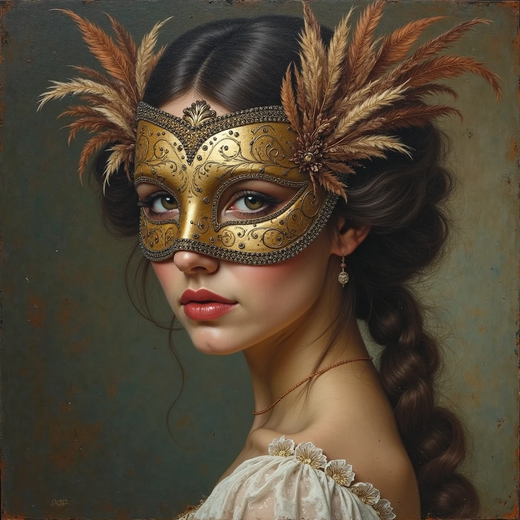 Vintage framed oval painting of a bust of a woman with a mask, feather headdress, with very large breasts with tiny nipple covers