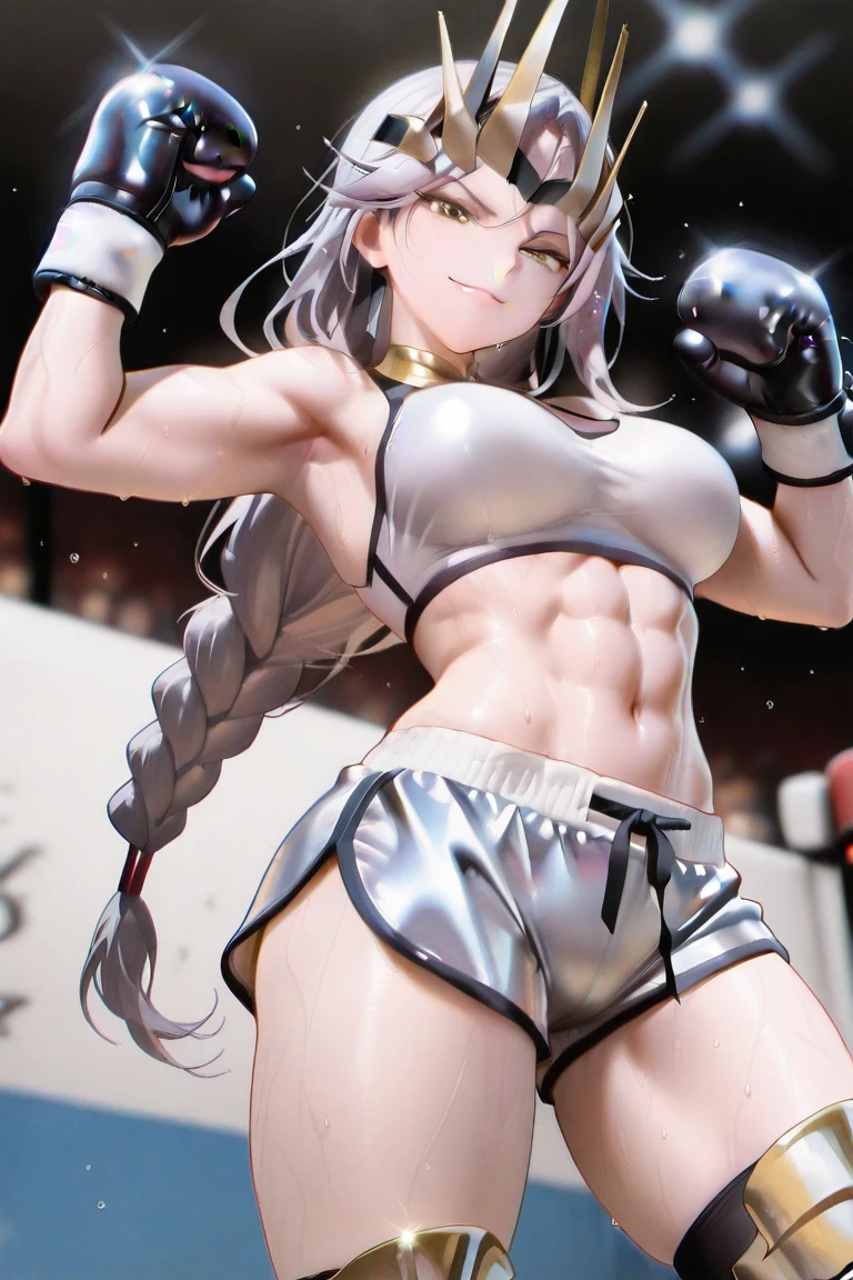 Ciel Lionheart, Silver hair, Golden eyes, ((1 chica)) cuerpo completo, De pie, mujer madura, abdominales, hands on hips, loincloth standing, hands on hips