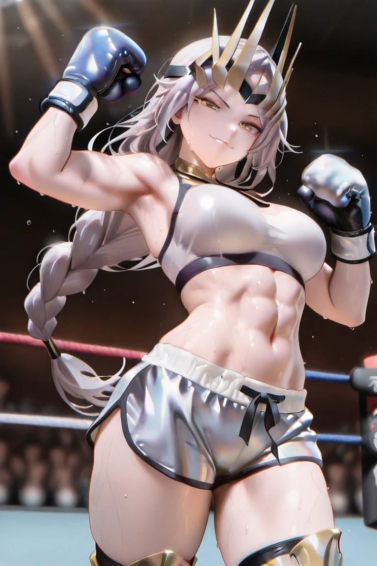 Female wrestler in silver bikini wears the champion belt