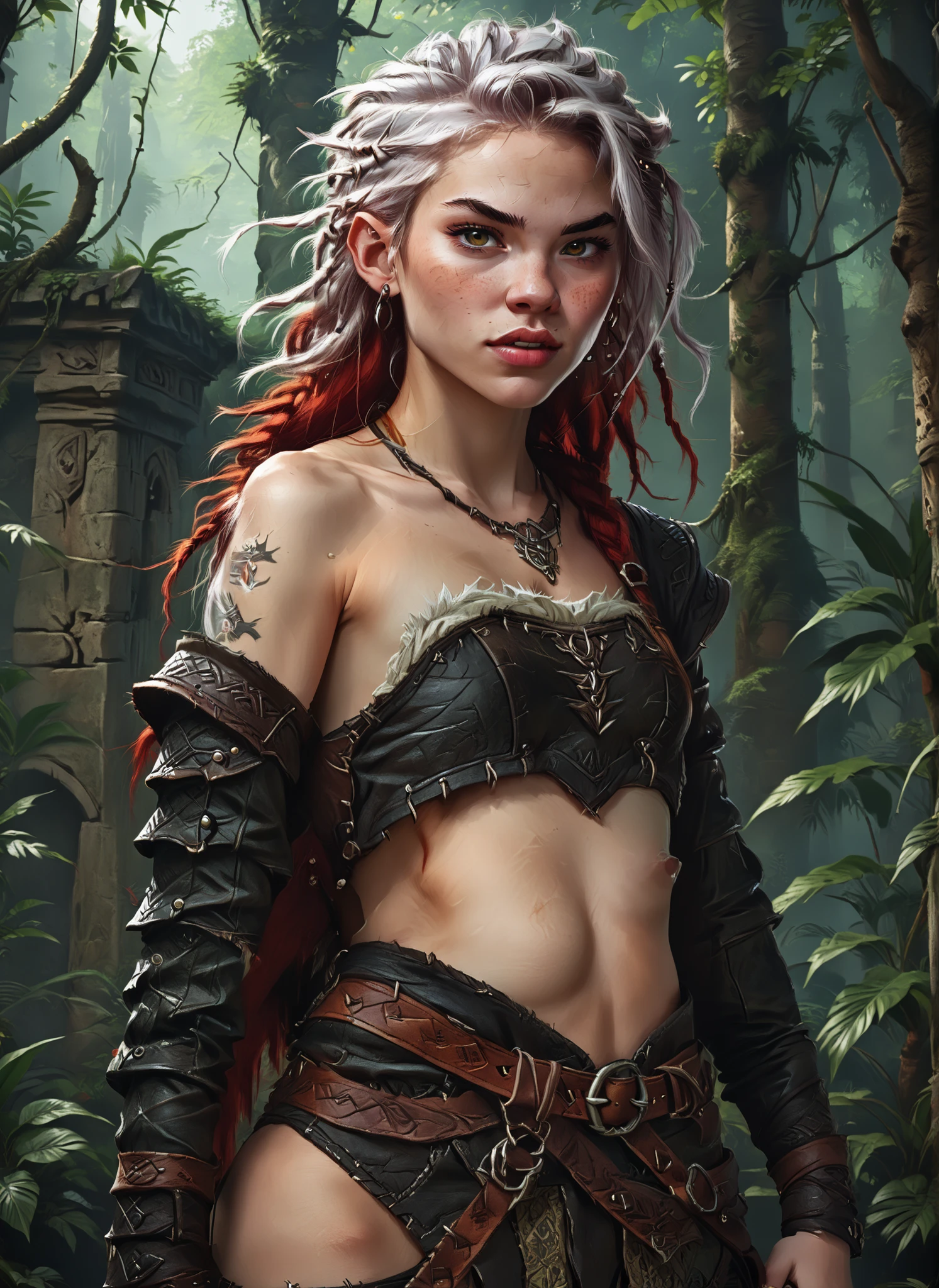 talojilohse wearing crop top sitting in a wooden room, (redhead), (small white hair stripe on left side:0.8) dramatic lighting, wallpaper, intricate, intricately detailed face and eyes, sharp focus, rtx, realistic body proportions, well drawn, masterpiece, ultra detailed, high quality, best quality, 4k, 8k <lora:talojilohse:0.48>